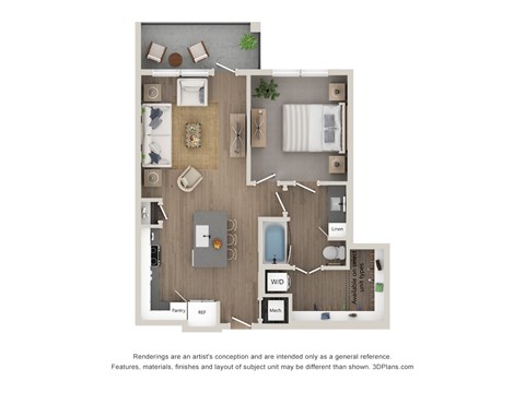 A floor plan of a house with a kitchen, living room, dining room, and bathroom.